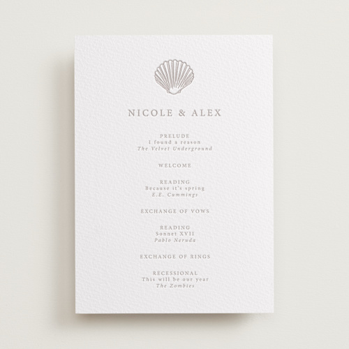 This is a dove grey unique wedding programs with letterpress by Hannah Bowman called simple seashell printing on white cotton in standard