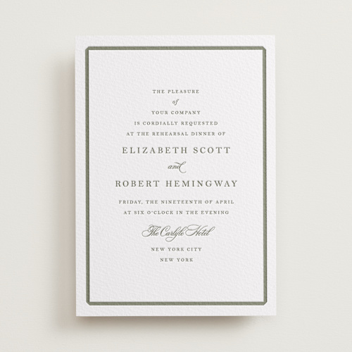 This is a moss rehearsal dinner invitations with letterpress by Megan Davis called bevel printing on somerset500 in standard