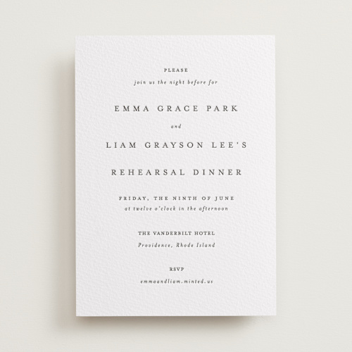This is a soft black rehearsal dinner invitations with letterpress by Design Lotus called a thousand years printing on somerset500 in standard