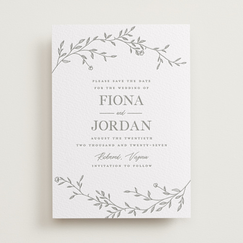 This is a granite save the date with letterpress by Vera Lim called jasmine printing on white cotton in standard