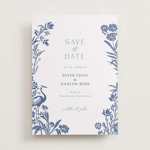 This is a lapis save the date with letterpress by Corinne Malesic called porcelain garden printing on somerset500 in standard