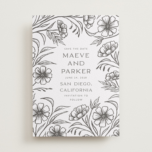 This is a soft black save the date with letterpress by Katharine Watson called inked wildflowers printing on somerset500 in standard