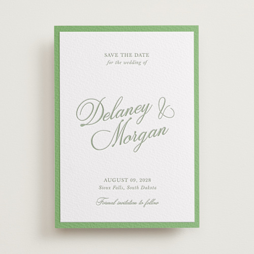 This is a olive save the date with letterpress by Cass Loh called classic bold border printing on white cotton in standard