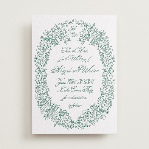 This is a cucumber save the date with letterpress by Tamara Hilje called crest florale printing on somerset500 in standard