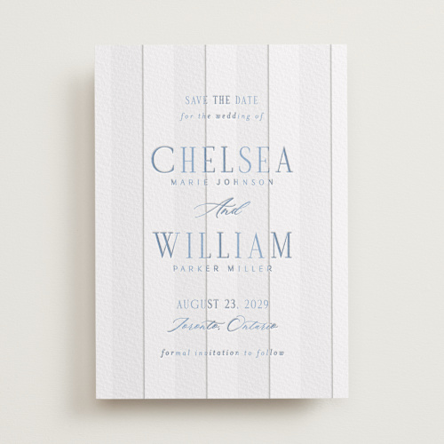 This is a provincial blue save the date with letterpress by Nicole Walsh called subtle stripes printing on somerset500 in standard