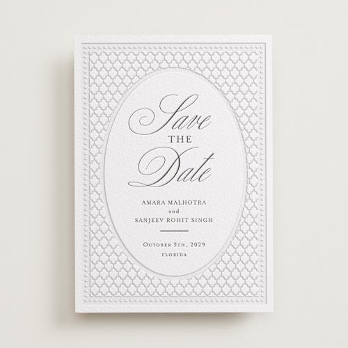 This is a soft black save the date with letterpress by Oma N. Ramkhelawan called kamal printing on somerset500 in standard