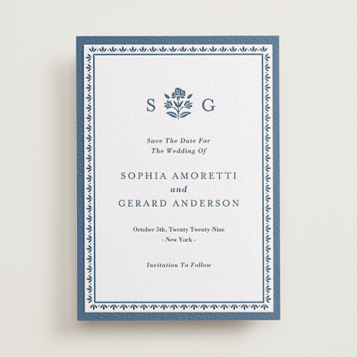 This is a indigo save the date with letterpress by Oma N. Ramkhelawan called pressed motif printing on somerset500 in standard