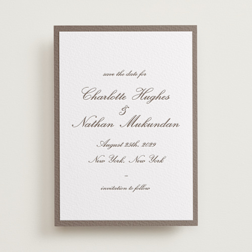 This is a cacao bean save the date with letterpress by Sara Hicks Malone called grammercy printing on white cotton in standard