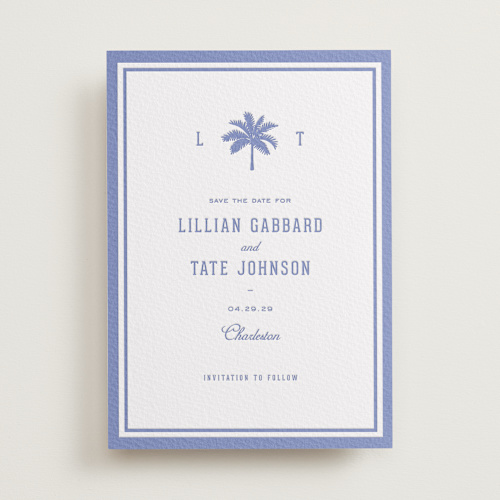 This is a bluebell save the date with letterpress by Sara Hicks Malone called preston printing on white cotton in standard