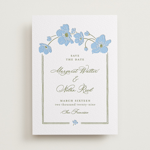 This is a sky blue save the date with letterpress by letterfix called anemones printing on somerset500 in standard