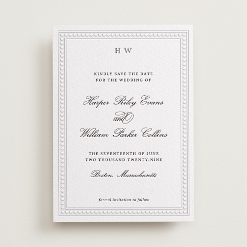 This is a soft black save the date with letterpress by Jenna Holcomb called the ritz printing on somerset500 in standard