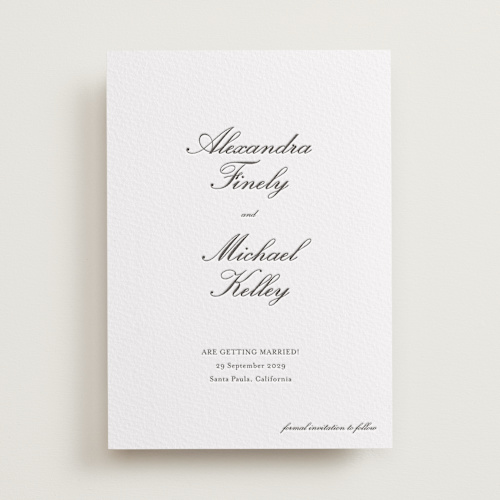 This is a soft black save the date with letterpress by Ani Somi called finely printing on white cotton in standard