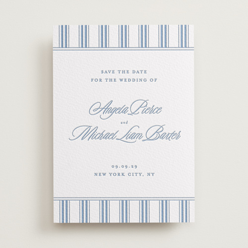 This is a provincial blue save the date with letterpress by Creo Study called stately printing on somerset500 in standard