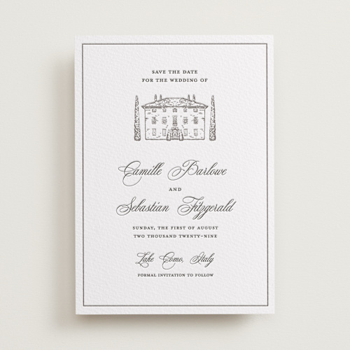 This is a graphite save the date with letterpress by Melinda Denison called italian countryside printing on somerset500 in standard