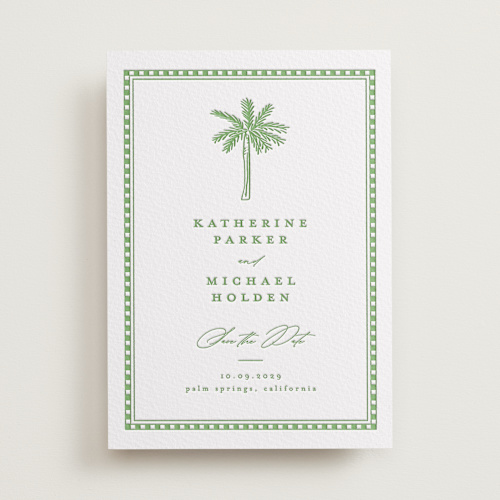 This is a pear save the date with letterpress by Creo Study called iconic printing on somerset500 in standard