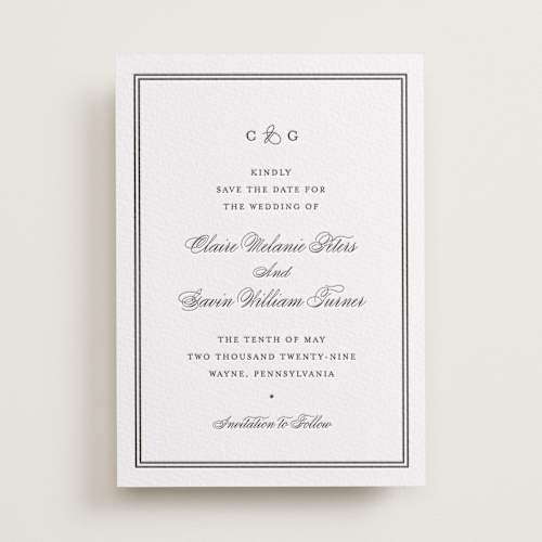 This is a soft black save the date with letterpress by Carolyn MacLaren called timeless together printing on somerset500 in standard