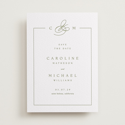This is a pistachio save the date with letterpress by Kelly Schmidt called framed monogram printing on somerset500 in standard