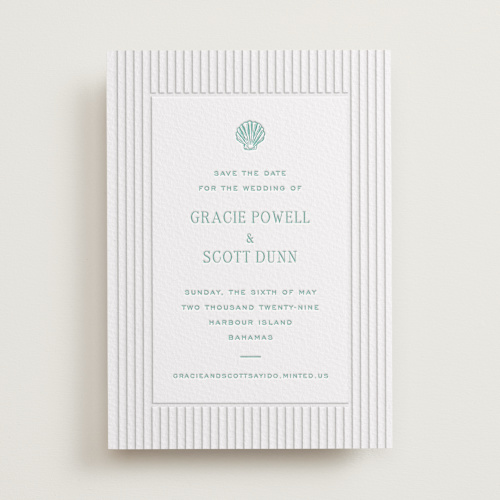 This is a seafoam save the date with letterpress by Megan Davis called isle printing on somerset500 in standard