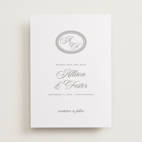 This is a graphite save the date with letterpress by Jessica Williams called haverly printing on white cotton in standard