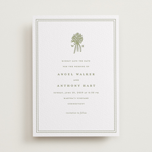 This is a pistachio save the date with letterpress by Lori Wemple called wedding bouquet printing on somerset500 in standard