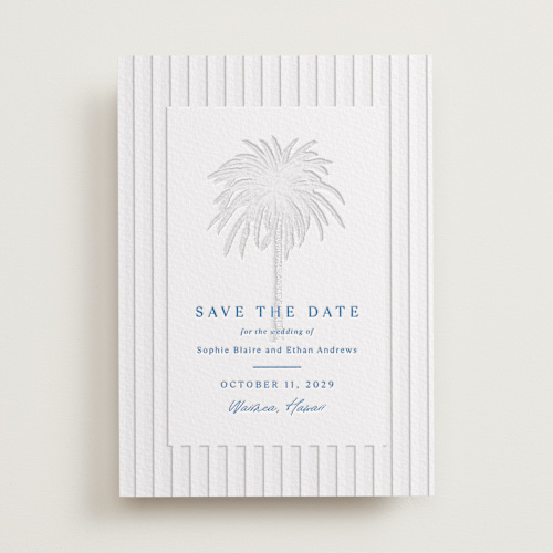This is a sapphire save the date with letterpress by Kaydi Bishop called palm tree printing on somerset500 in standard