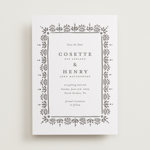 This is a graphite save the date with letterpress by Melanie Kosuge called cosette printing on somerset500 in standard