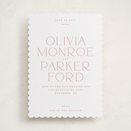 This is a peony letterpress wedding invitations with letterpress by Kristie Kern called monroe printing on white cotton in standard