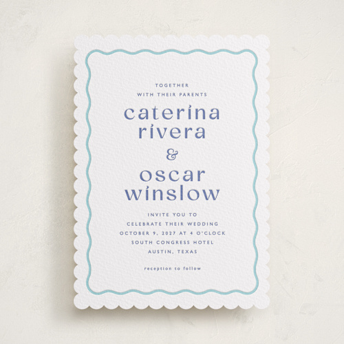 This is a mediterranean letterpress wedding invitations with letterpress by Olivia Raufman called with a twist printing on white cotton in standard