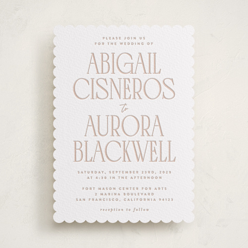 This is a sandstone letterpress wedding invitations with letterpress by JoAnn Jinks called title printing on white cotton in standard