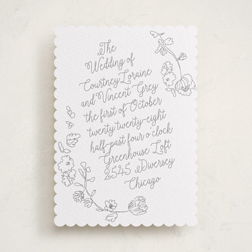 This is a smoke letterpress wedding invitations with letterpress by Baumbirdy called note printing on white cotton in standard