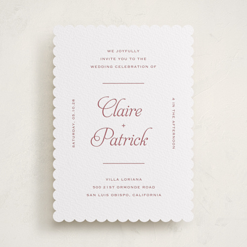 This is a maraschino letterpress wedding invitations with letterpress by Carolyn MacLaren called modernne printing on white cotton in standard