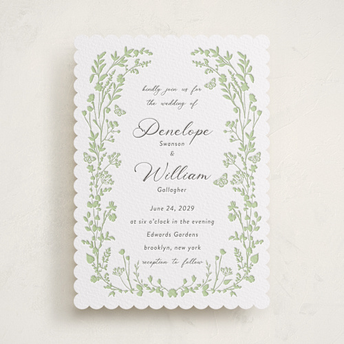 This is a matcha letterpress wedding invitations with letterpress by Susan Moyal called flower garden printing on white cotton in standard