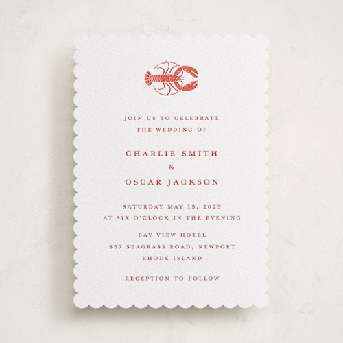 This is a ruby letterpress wedding invitations with letterpress by Pippa Shaw called lobster printing on white cotton in standard