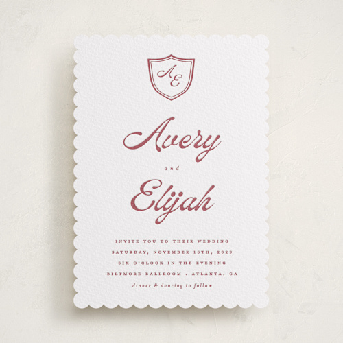 This is a maraschino letterpress wedding invitations with letterpress by Morgan Kendall called prep school printing on white cotton in standard