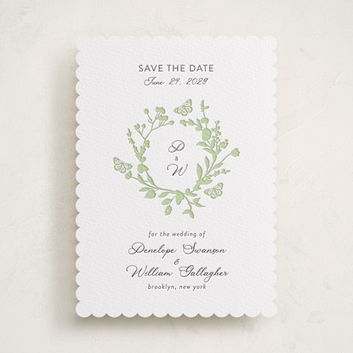 This is a matcha save the date with letterpress by Susan Moyal called flower garden printing on white cotton in standard