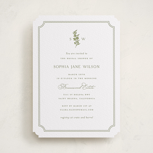 This is a olive bridal shower invitations with letterpress by Yaling Hou Suzuki called simply elegant printing on white cotton in standard