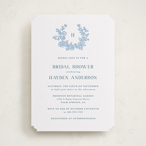 This is a robin's egg bridal shower invitations with letterpress by Cass Loh called flowers monogram printing on white cotton in standard