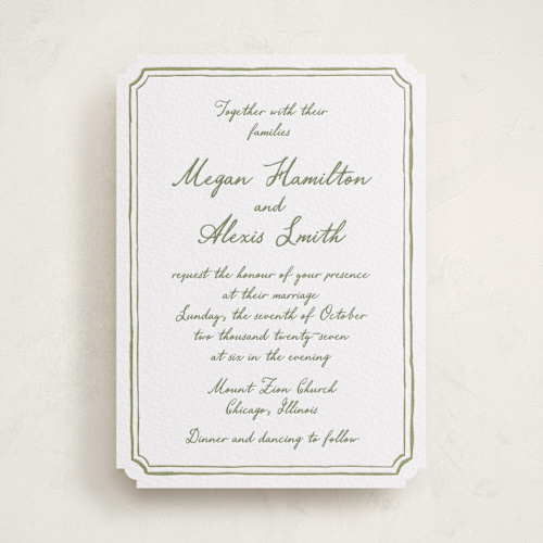 This is a artichoke letterpress wedding invitations with letterpress by Cass Loh called handwritten printing on white cotton in standard