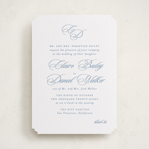 This is a pacific blue letterpress wedding invitations with letterpress by Creo Study called aristocratic printing on white cotton in standard