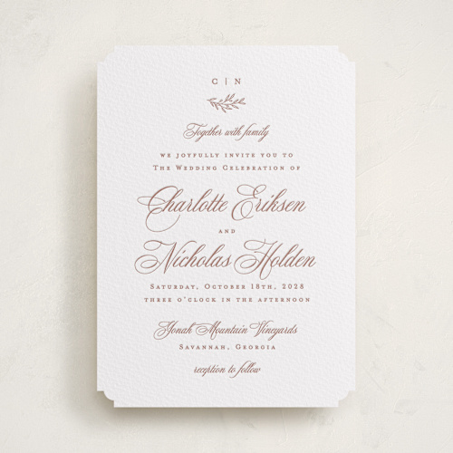 This is a cinnamon letterpress wedding invitations with letterpress by Hooray Creative called vineyard script printing on white cotton in standard
