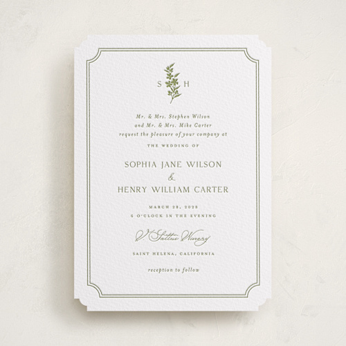 This is a olive letterpress wedding invitations with letterpress by Yaling Hou Suzuki called simply elegant printing on white cotton in standard