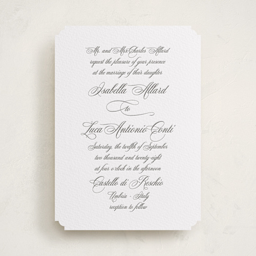 This is a soft black letterpress wedding invitations with letterpress by Benita Crandall called palazzo printing on white cotton in standard