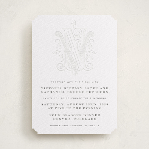 This is a soft black letterpress wedding invitations with letterpress by Jenna Holcomb called classically printing on white cotton in standard