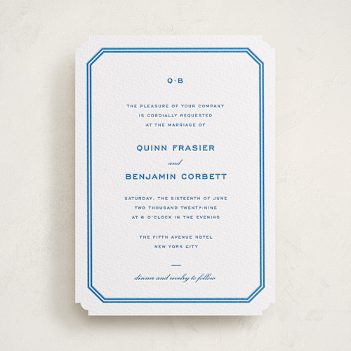 This is a marine blue letterpress wedding invitations with letterpress by Megan Davis called brasserie printing on white cotton in standard