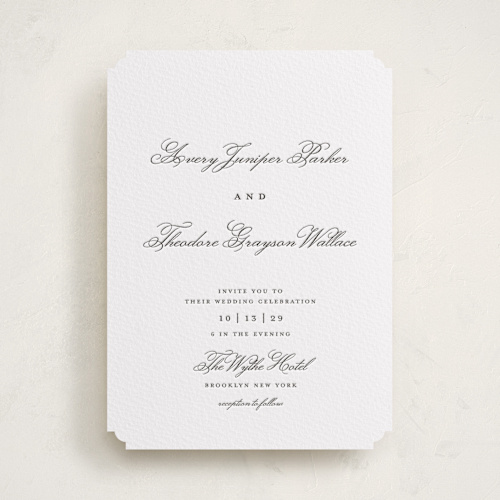 This is a soft black letterpress wedding invitations with letterpress by Kelly Watkins called bliss printing on white cotton in standard