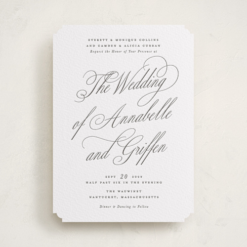 This is a soft black letterpress wedding invitations with letterpress by Susan Zinader called romantic script printing on white cotton in standard