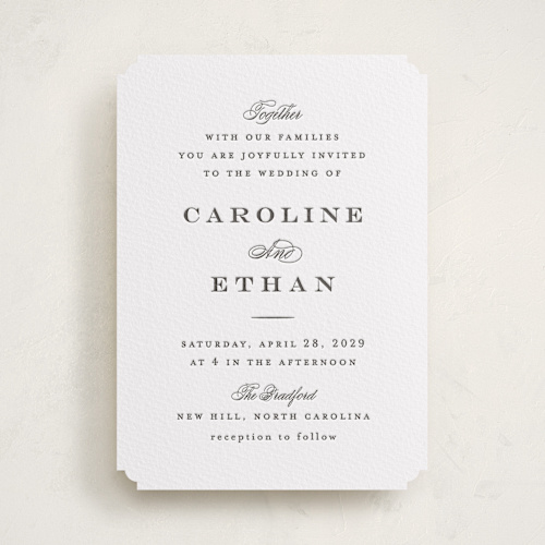 This is a soft black letterpress wedding invitations with letterpress by Carolyn MacLaren called proper printing on white cotton in standard