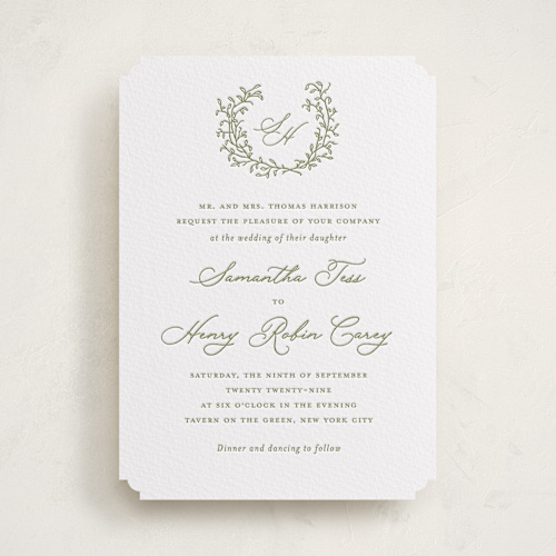 This is a olive letterpress wedding invitations with letterpress by Katherine Moynagh called garden script printing on white cotton in standard