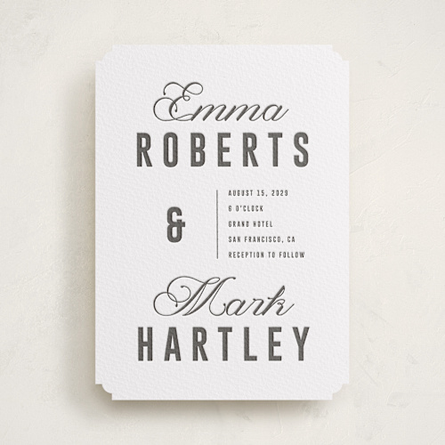 This is a soft black letterpress wedding invitations with letterpress by Sumak Studio called bold & elegant printing on white cotton in standard