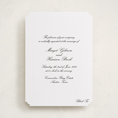This is a soft black letterpress wedding invitations with letterpress by Megan Davis called cornelia printing on white cotton in standard